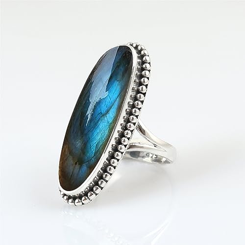 Blue Flash Labradorite Gemstone 925 Sterling Silver Handmade Long Oval Statement Ring For Women Designer Labradorite Jewelry For Anniversary, Wedding, Friendship, Love Gift Ring By NKG