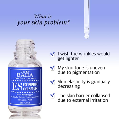Cos De BAHA EGF Peptide 5ppm Cica Serum 1 Fl Oz ? Centella Asiatica, Hyaluronic Acid & Panthenol Lightweight Face Serum for Smooth Looking Skin (30 ml)
