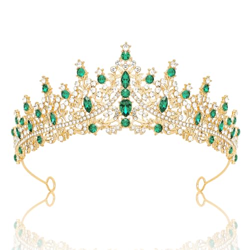 Gold Green Queen Crown Rhinestone Tiara for Women
