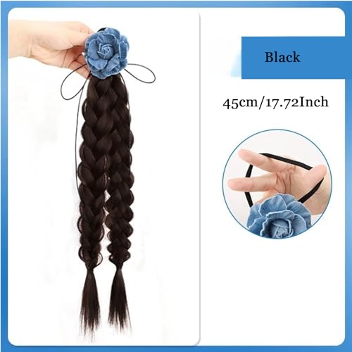 Braided Ponytails Rose Flower Braided Hair Extensions Synthetic Braid Wig with Elastic Hair Band Hairpieces for Women Girls 17.7 Inches Dark Brown