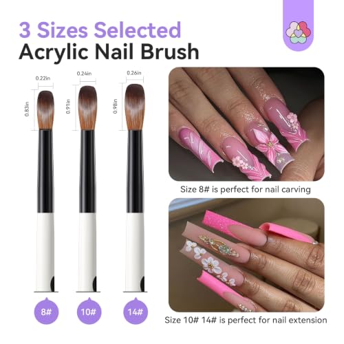 Saviland 3pcs Acrylic Nail Brush Set - Kolinsky Hair, Sizes 8/10/14