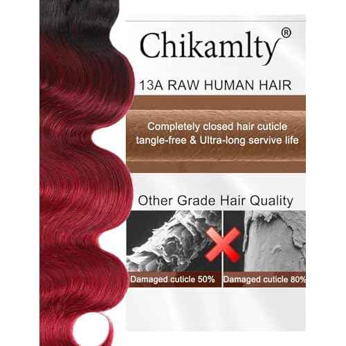 Ombre Bundles Human Hair, 13A Raw Indian Hair Bundles Body Wave, 16 Inch Colored 1B99J Burgundy Red Human Hair Bundles, Triple Service Life Keep Texture Silky Soft Tangle-Free