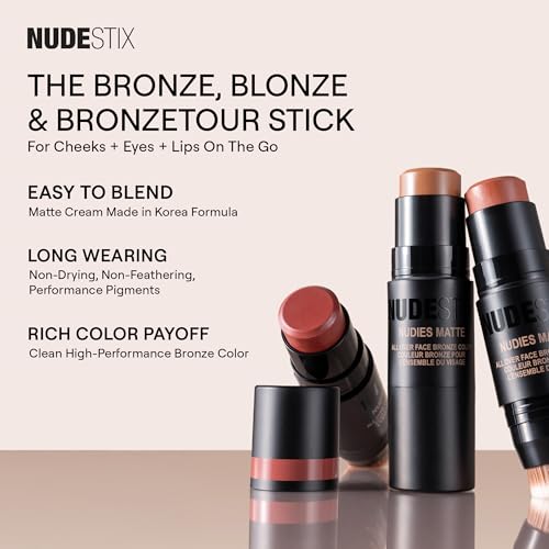 Nudestix Nudies Bronze All Over Matte Bronzing Stick ? 3-in-1 Cream Bronzer for Cheeks, Eyes & Lips with Built-In Brush | Natural Contour & Sun-Kissed Glow