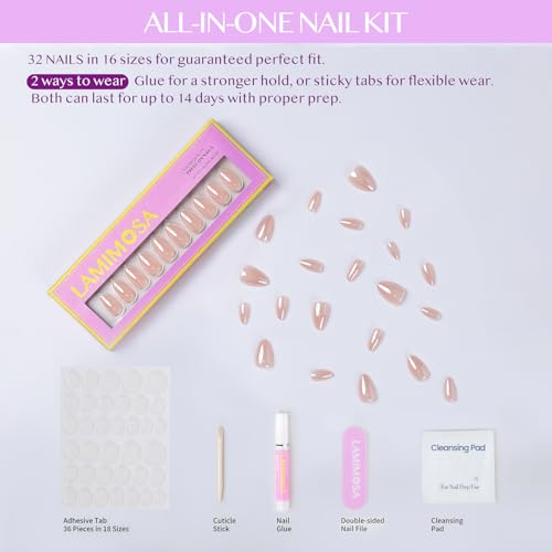 LAMIMOSA Glazed Dream Short Almond Press-On Nails 32Pcs Nude Gel Finish