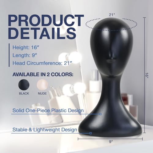 Studio Limited 16 Inch Black Plastic Mannequin Head - Professional Wig & Hat Display, 1 Pack