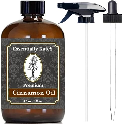 Essentially KateS Premium Cinnamon Oil 4 Fl Oz with Huge Dropper and Sprayer - 100% Pure, Natural & Therapeutic - Cleaning, DIY Soap, Diffuser, Aromatherapy, Garden and Kitchen - Indoor and Outdoor