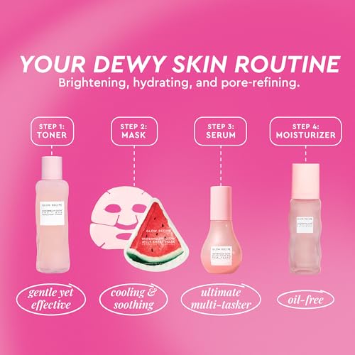 Glow Recipe Watermelon Glow Dewy Skin Routine Kit - Full Size Dew Drops Serum, Full Size Pink Juice Moisturizer, Travel Size PHA+BHA Pore-Tight Toner & Watermelon Jelly Sheet Mask (4 Count)