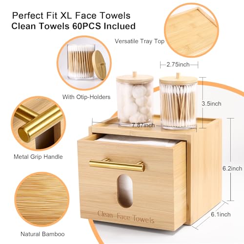 Disposable Face Towel Holder Bamboo Storage Box with 60 XL Towels, Cotton Balls Holders, Facial Towels Container Box with Drawer, Towel XL Organizer for Bathroom, Makeup Remover Dry Wipes Washcloths