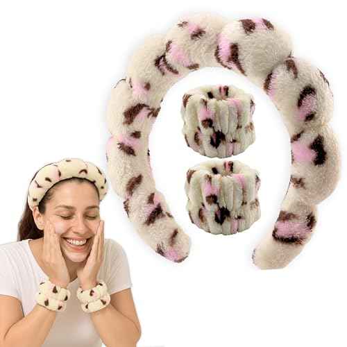 Spa Headband Wrist Band for washing face set Sponge Makeup Skincare Headband Wrist Towels Bubble Soft Terry Towel Cloth Hairband for Women Puffy Headwear Non Slip Thick Thin Hair Headwear (Leopard)