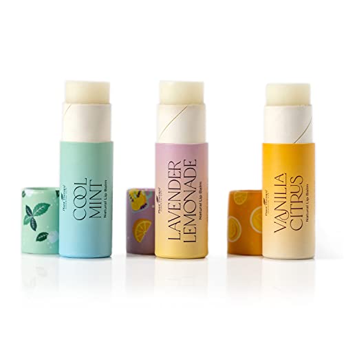 Plant Therapy Love Your Lips Lip Balm Trio Set 0.9 oz (25.5 g) Simple, Natural Ingredients & Packaged in Eco-Friendly Recyclable Cardboard, Refreshing Flavors Including: Lavender Lemonade, Vanilla Citrus, Cool Mint