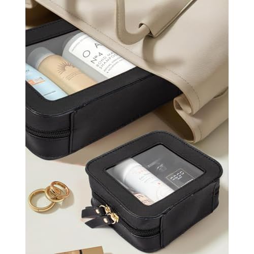 2 Pcs Travel Clear Makeup Bag Set, Clear Black Makeup Organizer with Zipper Leather Travel Bags for Toiletries Small Cosmetic Bags for Women Mini Make up Pouch Toiletry Bags Car Essentials