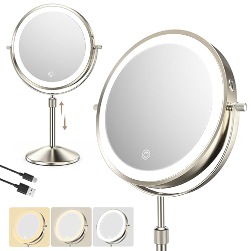 Professional 8.7¡± Lighted Makeup Mirror with 1X/10X Magnification ? Rechargeable Double-Sided HD Vanity Mirror, Height Adjustable, 88 High-CRI LEDs, 3 Color Dimmable Lighting, Dual Power, 360¡Æ Swivel