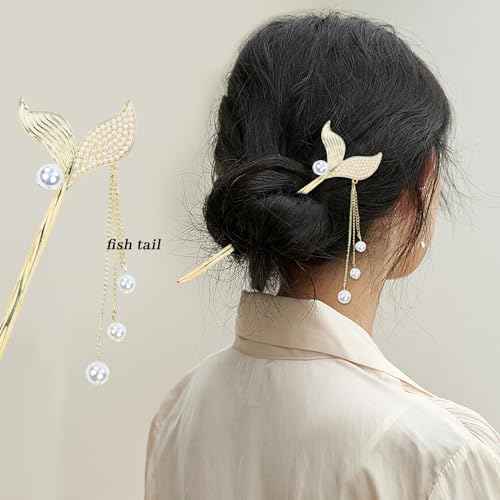 inSowni 8 Pieces Retro Vintage Asian Japanese Chinese Hanfu Gold Metal Flower Hair Sticks with Pearl Pendants Fishtail Lotus Butterfly Long Hair Pins Forks Chopsticks Bun Updo Holders for Women Girls