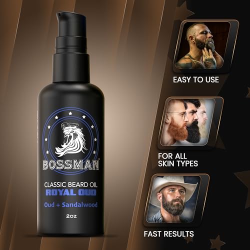 Bossman Organic Mustache & Beard Oil for Men, 2 oz ? Natural Beard Moisturizer with Jojoba, Argan & Avocado Oils (Royal Oud Scent)