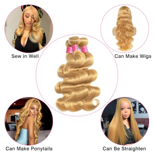 Honey Blonde Body Wave Hair Bundles - 100% Brazilian Remy, 3 Pack (18, 20, 22 Inch)