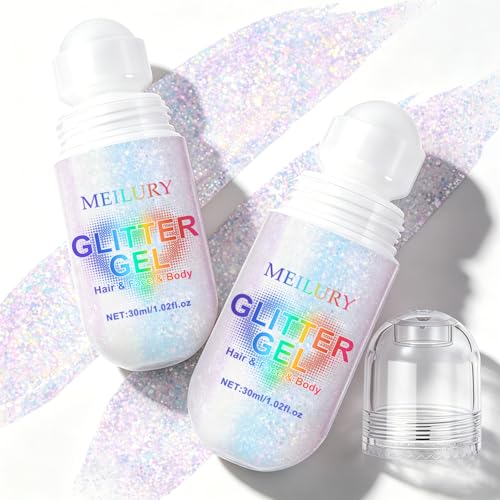 Meilury 2PCS Pink Holographic Body & Face Glitter Gel Roll-On, Festival Makeup