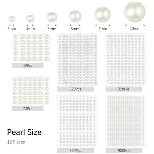 1982 Pcs Self-Adhesive Pearl Stickers, Multiple Sizes, Decorative Pearl Gems for Face, Crafts, Hair, Makeup, Nail