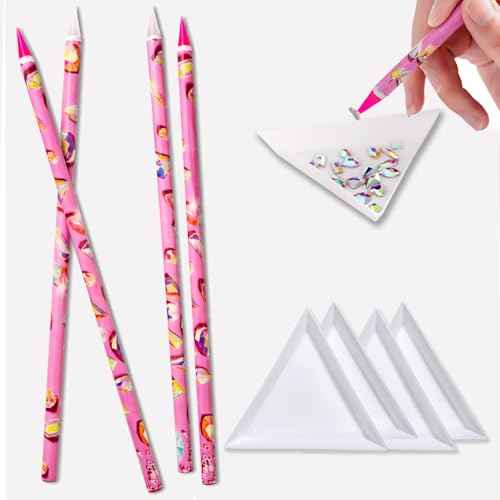 8 Pcs Rhinestone Picker Tool Kit, Self-Adhesive Wax Pencil for Rhinestones and Diamond Painting, Gem Picker Tool Dotting Tools for Nail Art, 4 Wax Pen and 4 Rhinestone Trays rhinestone tools