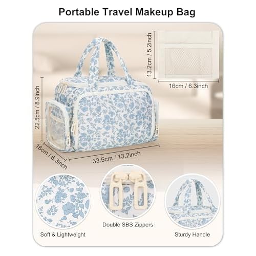 Travel Makeup Bag, Lightweight Wide-open Toiletries Bag for Women, Large Cosmetic Organizer Bag with Makeup Brushes Compartment for Travel-Sized Essentials for Trip, Camping - Blue Flower