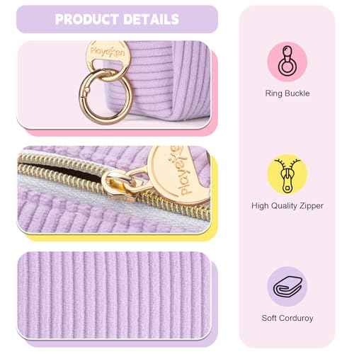 Corduroy Makeup Bag, Small Cosmetics Bag for Purse, Portable Travel Makeup Pouch with Ring Buckle & Inner Pockets for Women