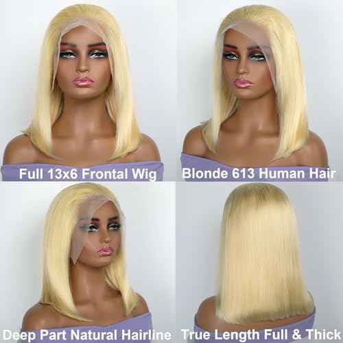 Blonde 613 13x6 Bob Lace Front Wig Human Hair Straight Lace Frontal Wigs Pre Plucked with Baby Hair 180 Density Brazlian Remy Transparent Glueless Short Wigs for Black Women