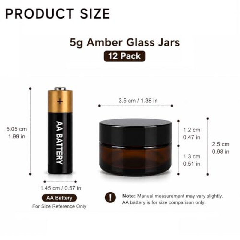12Pcs Amber Glass Jars with Black Lids - 5ml Refillable Cosmetic Containers