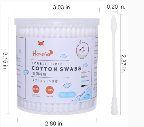 HOMEFOX 400 White Organic Cotton Swabs Spiral Pointed Double Sided - Gentle Lint-Free Tips