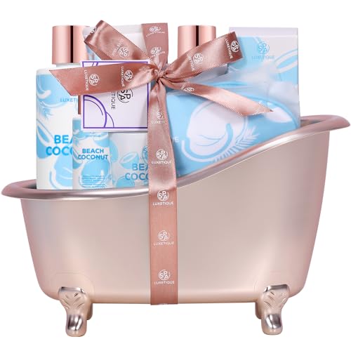 Spa Gifts for Women Spa Luxetique 8 Pcs Bath Set Basket Beach Coconut Gift Set Luxury Self Care Kit with Shower Gel Body Oil Scented Candle Birthday Gifts Relaxing, Valentine's Day Gift for Her