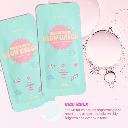 The Creme Shop Glow Check Comfort Sheet Mask 5 Pack, Facial Sheet Mask, Korean Skin Care, Korean Glass Skin, Hydrating, Brightening, Rice Water- Brightening Glow