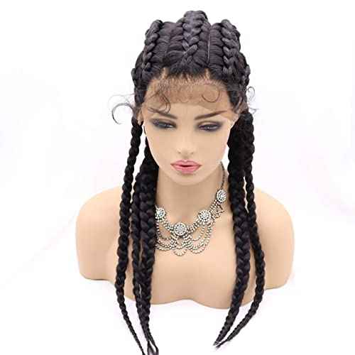 Xiweiya Long Black Braided Wig with Baby Hair Highlight 1B# Black Hair Synthetic 360 Full Lace Wig 5 Braids for Women,Drag Queen Makeup Christmas Party 24 Inches
