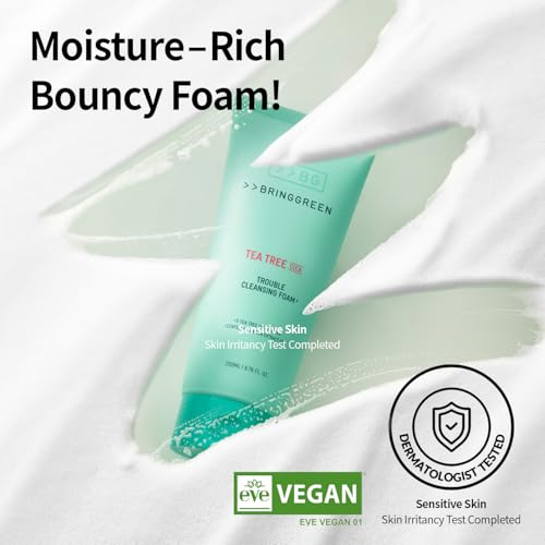 BRING GREEN Tea Tree Cica Trouble Cleansing Foam | Mild Cleanser for Exfoliation, Removes Blackheads, Whiteheads, Facial Residue, for Trouble, Irritated, Sensitive Skin (10.1 Fl. Oz., 300ml)