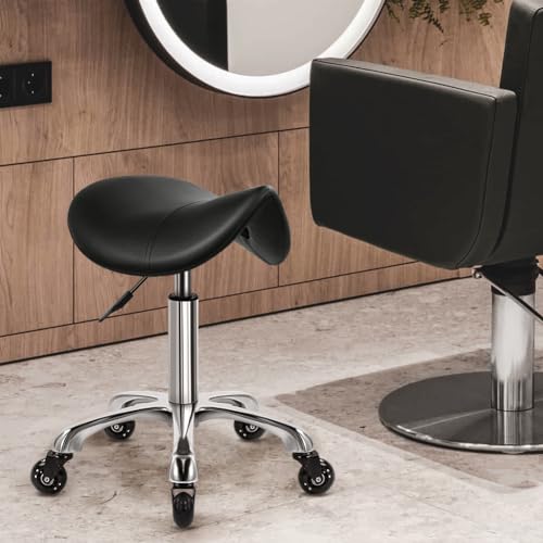 Heavy Duty Saddle Rolling Stool with Wheels Hydraulic Swivel Adjustable Rolling Stool Ergonomic Thick Leather Seat Chair for Kitchen Drafting Lab Office Salon Massage ? Black