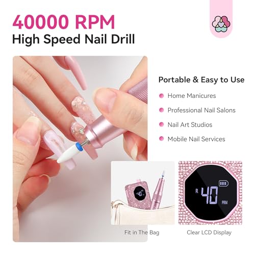 SAVILAND Pink Shiny Cordless Nail Drill 40,000 RPM for Thick Acrylic Nails