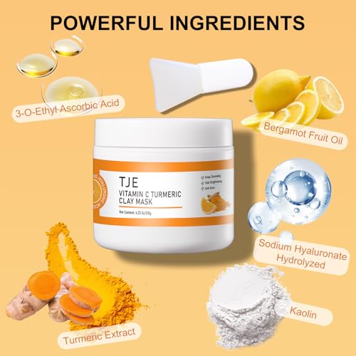 TJE Turmeric Face Mask with Vitamin C, Turmeric Vitamin C Clay Mask for Dark Spots, Dull Skin, Cleansing Pores & Blackheads, Moisturizing & Improve Uneven Skin Tone