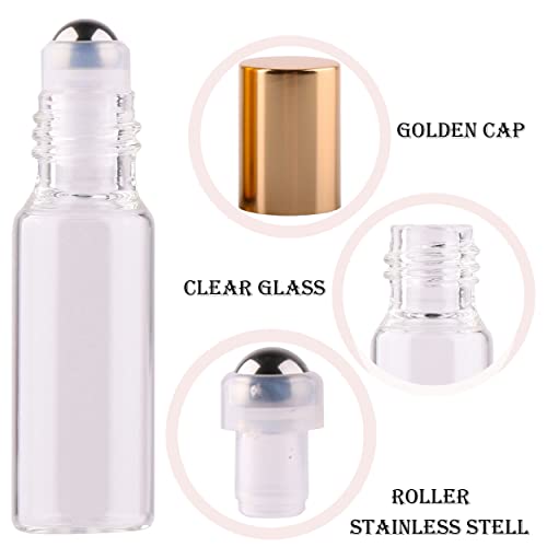 24 Pack Refillable 5ml Glass Roller Bottles for Essential Oils & Perfume - Clear with Stainless Steel Rollers, Caps, Funnels & Droppers