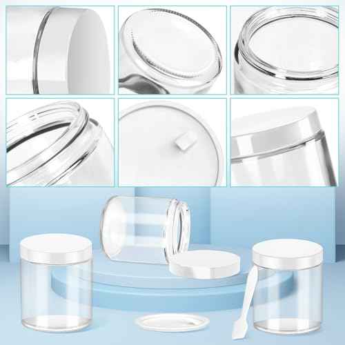 MotBach 2 Pack 8oz Glass Jars with Lids, Round Glass Jars with Spatulas, Inner Liners and White Lids, Empty Cosmetic Containers Travel Toiletries Container for Lotion, Cream, Makeup, Cosmetic, Slime