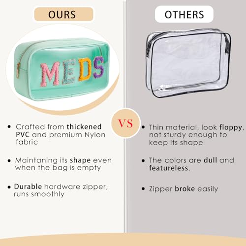 2Pcs Large Chenille Letter Clear Medicine Makeup Bag Set,Nylon PVC Waterproof Rx Meds Pouch with Metal Zipper, Cute Drug First Aid Travel Organizer for Women Girls(2pcs Mint)