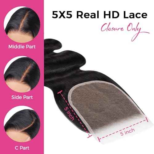 Lashey 5x5 SKINLIKE Real HD Lace Closure Body Wave, 0.10mm Ultra-Thin Human Hair Closure Pre Bleached Knots Pre Plucked Invisible Hairline 12 Inch Natural Black