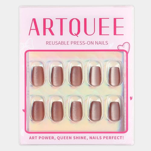 Artquee Green Cat Eye Press on Nails Short Fake Nails Square False Nails Art Glossy Artificial Reusable Stick on Nails - 30 Nail Kit