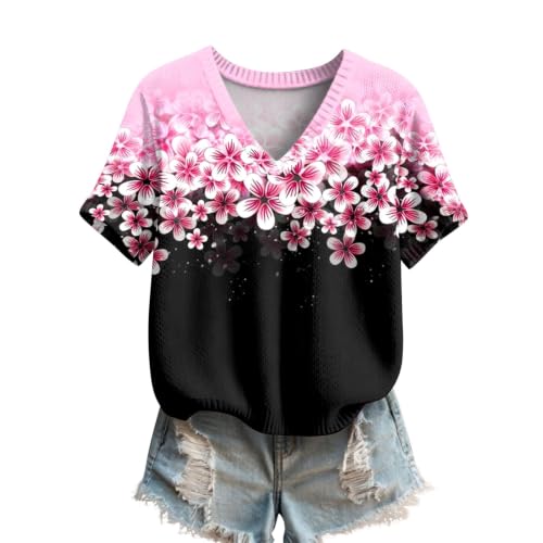 Pink V-Neck Summer Sweater for Women | Short Sleeve Knit Top