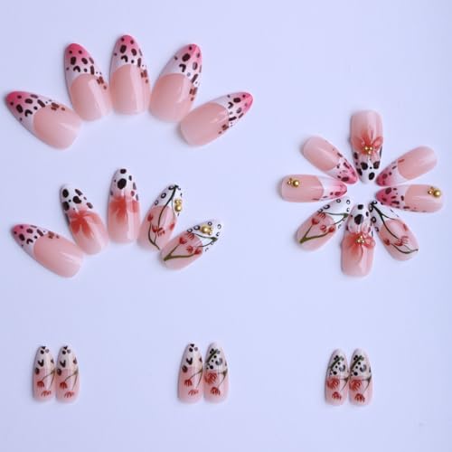 Medium Almond Press On Nails with French Tip & 3D Flower Design, 24Pcs