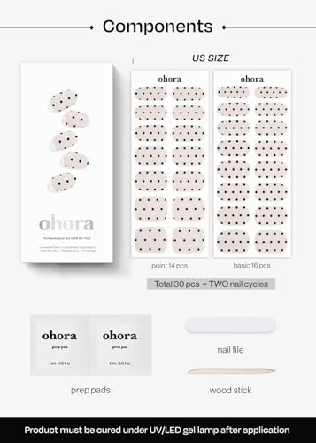 ohora Semi Cured Gel Nail Strips N Polka Noir – Salon-Quality, Long Lasting, Easy to Apply & Remove, Includes Nail Prep & Tools