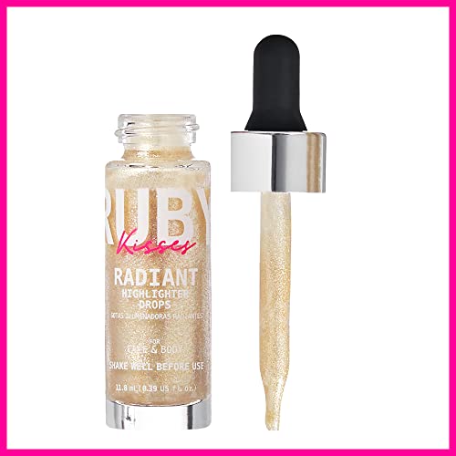 Ruby Kisses Radiant Drops, Shimmer Liquid Highlighter Makeup, Smooth Illuminator for Face Body, Natural Glow Dewiness Glitter for Skin (Champange)