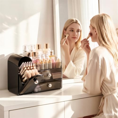 Delamu Makeup Organizer with Brush Holder & Drawers