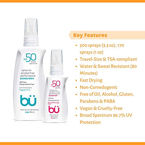 Sunscreen Spray SPF 50 by Bu Value Pack - Travel Size Organic Sun Block for Sensitive Skin - Oil-Free, Alcohol-Free, Non Comedogenic, Water-Resistant (Fragrance-Free + White Sage)