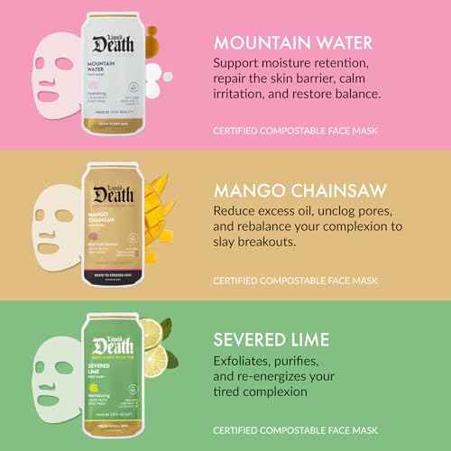ESW Beauty Liquid Death x Limited Edition Face Mask Set (3-Pack) - Hydrating, Revitalizing & Cleansing Skin - Includes Mountain Water, Severed Lime & Mango Chainsaw