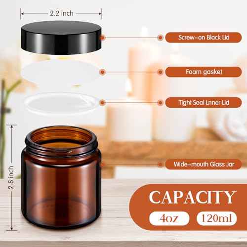 Norme 120 Pcs 4 oz Glass Jars with Lids Leakproof Round Airtight Empty Cosmetic Jars with Inner Liners Lid for Storing Lotions Powder Ointments Candle Making Tins (Black,Amber)