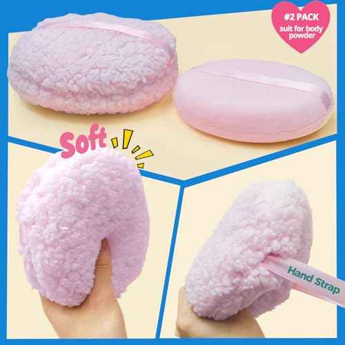 2pcs Powder Puffs, 6'' Body Powder Puff and 5'' Dusting Powder Puff and Container, Extra Large, Fluffy Soft, Washable, Reusable