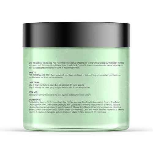 Majestic Pure Peppermint Foot Cream, Warming Cream - Calluses, Dry Cracked Feet, Hands, Heels, Elbow, Nails, and Knees - Softens & Moisturizes Skin - 8 oz
