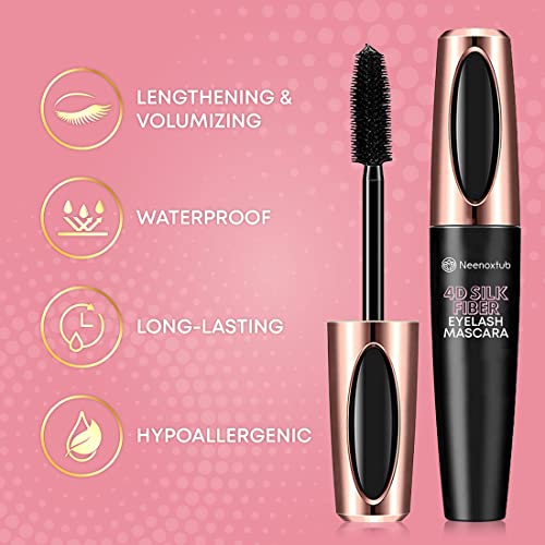 4D Silk Fiber Lash Mascara, Lengthening and Thick, Long Lasting, Waterproof & Smudge-Proof, Hypoallergenic Formula 2 Pack Black